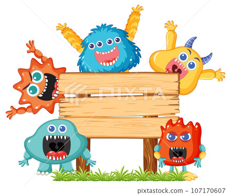 Cute Aliens Monster on Wooden Sign Frame 107170607