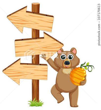 Bear Holding Honey by Direction Arrow Sign 107170613