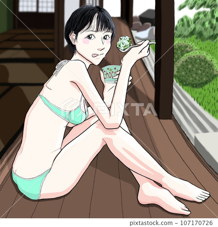 Girl sitting on the floor and eating ice cream 16 Girl sitting on the floor and eating ice cream 16 107170726