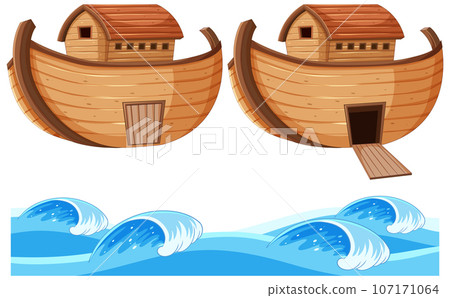 Set of wooden boat and wave Set of wooden boat and wave 107171064