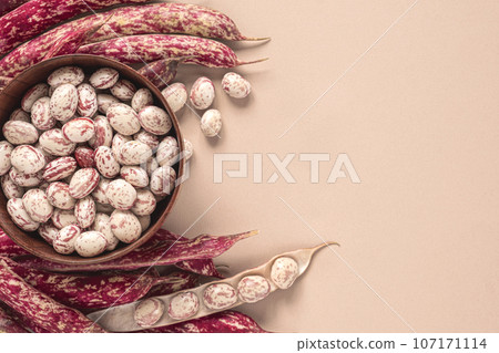 Cranberry beans. Borlotti bean pods in bowl. Top view. Stylish modern food background. Magenta color. Creative foodstuff flat lay. Grocery, dietary backdrop. Advertising, trendy magazine publication. 107171114