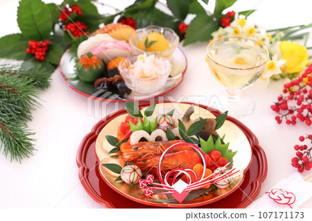 A gorgeous osechi dish for one person, served on a silver plum plate.A osechi dish for one person. A gorgeous osechi dish for one person, served on a silver plum plate.A osechi dish for one person. 107171173