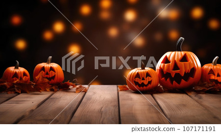 Rustic Table Top Against Halloween-Themed Backdrop Rustic Table Top Against Halloween-Themed Backdrop 107171191