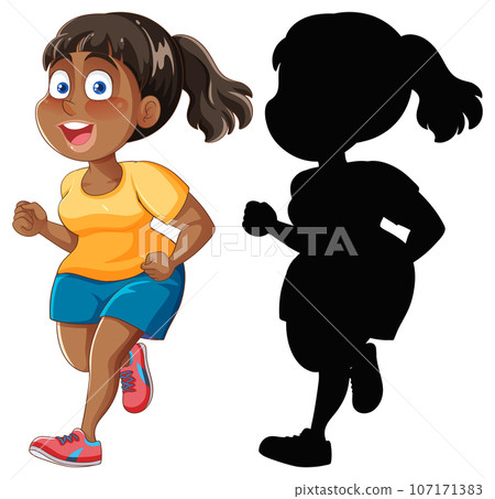 Chubby Black Woman Running and Jogging Cartoon Character 107171383