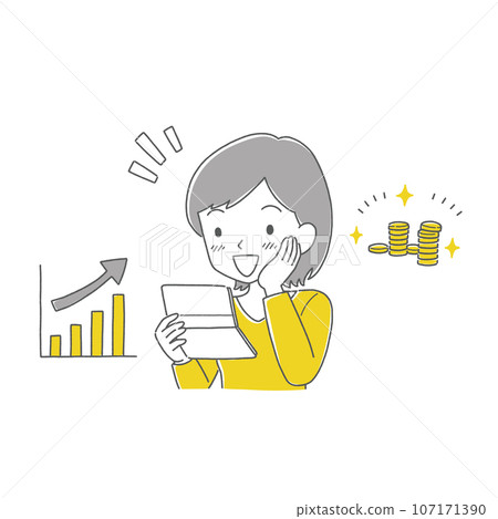 A simple illustration of a woman who is happy to see the balance in her passbook 107171390