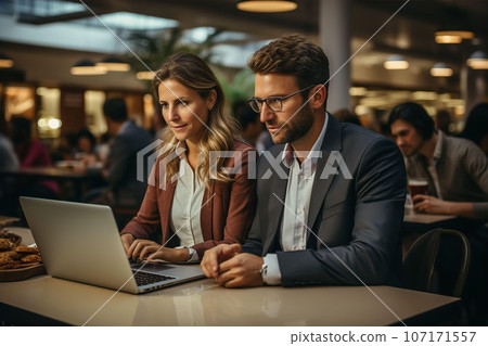 Business colleagues working on laptop in office or cafe 107171557