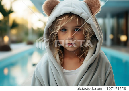 Small beautiful blonde girl in hooded sweater with ears near swimming pool 107171558