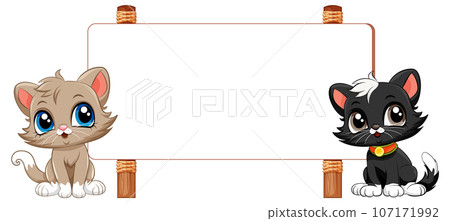 Two Cats Cartoon Standing in Front of Signboard Banner 107171992