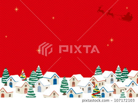 聖誕城市景觀和聖誕老人,紅色人字形圖案背景,無文字 聖誕城市景觀和聖誕老人,紅色人字形圖案背景,無文字 107172103