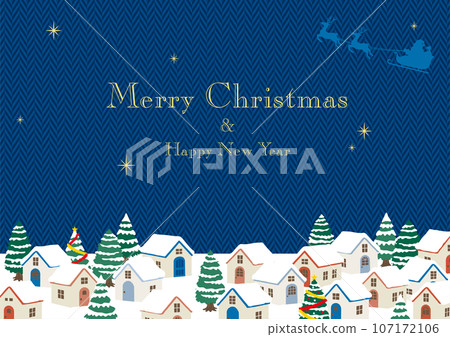 聖誕城市景觀和聖誕老人，藍色人字形圖案背景，帶文字 107172106