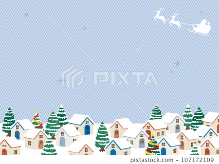 聖誕城市景觀和聖誕老人,淺藍色人字形圖案背景,無文字 聖誕城市景觀和聖誕老人,淺藍色人字形圖案背景,無文字 107172109