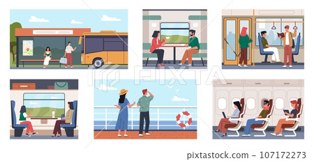 Passengers in different city transport. Ship, bus or train travelers, people commute long distance, sitting and standing. Urban transportation. Cartoon flat isolated nowaday vector set Passengers in different city transport. Ship, bus or train travelers, people commute long distance, sitting and standing. Urban transportation. Cartoon flat isolated nowaday vector set 107172273