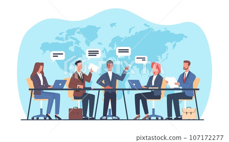 In board meeting with head of company, executives discuss companys global strategy. Male and female characters team vote. Teamwork brainstorm cartoon flat style isolated Vector concept 107172277
