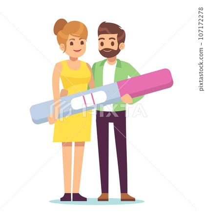 Husband and wife are happy, holding positive pregnancy test in their hands. Family planning. People waiting baby birth. Man and woman expecting kid. Cartoon flat isolated vector concept 107172278