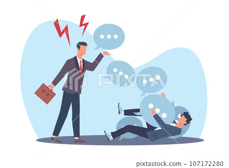 Hate speech, bullying, aggressive businessman yells at coworker throwing verbal bubbles at him. Aggressor and victim employee, conflict at work cartoon flat style isolated vector concept Hate speech, bullying, aggressive businessman yells at coworker throwing verbal bubbles at him. Aggressor and victim employee, conflict at work cartoon flat style isolated vector concept 107172280