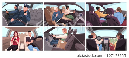 Drivers and passengers in car interiors. People in private cars, police officers in company vehicle, delivery service, automobile interior different side view. Cartoon flat tidy vector set 107172335