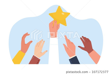 Concept of success in business, businessman hand grasped star. Achieve goal and dream target, leadership and opportunity. Professional growth in career. Vector cartoon flat isolated illustration Concept of success in business, businessman hand grasped star. Achieve goal and dream target, leadership and opportunity. Professional growth in career. Vector cartoon flat isolated illustration 107172377