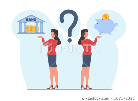 Concept of storing personal finances, woman chooses between bank and piggy bank. Budget planning. Money savings investment and funding. Loan and economy choice. Vector cartoon flat illustration 107172385
