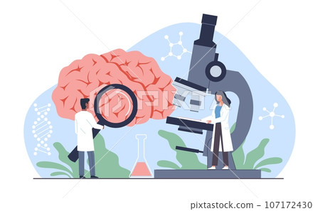 Brain diagnostics and research, doctors examine and consultation, analyze brain function. Neurology and psychology. Alzheimer and dementia disease. Cartoon flat isolated vector concept Brain diagnostics and research, doctors examine and consultation, analyze brain function. Neurology and psychology. Alzheimer and dementia disease. Cartoon flat isolated vector concept 107172430