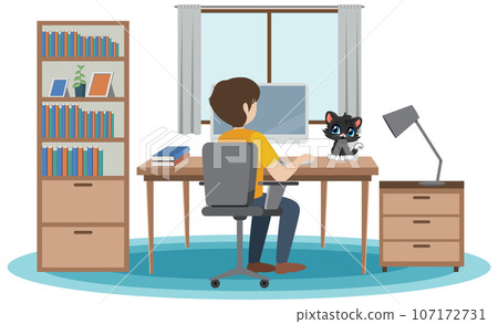Man working at the table with a cat Man working at the table with a cat 107172731