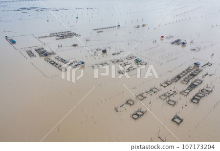 Aerial view of fishing trap net in canel with fisherman urban city village town houses, lake or river. Nature landscape fisheries and fishing tools at Pak Pha, Songkhla, Thailand. Aquaculture farming 107173204