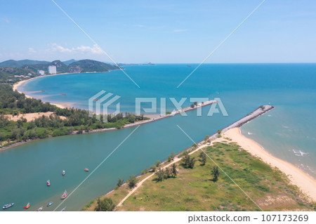 Aerial view of clear blue turquoise seawater, Andaman sea in Phuket island in summer season, Thailand. Water in ocean pattern texture wallpaper background. 107173269