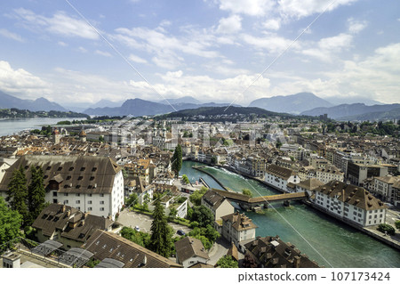 Scenic summer aerial view of the Old Town medieval architecture in Lucerne, Switzerland 107173424