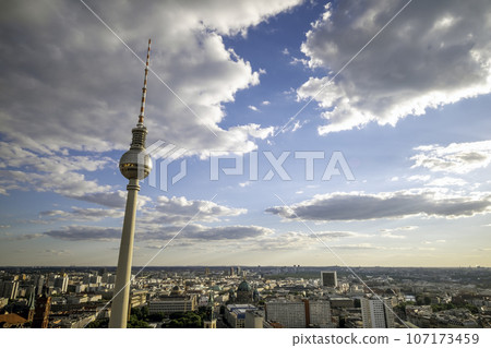 Aerial view of Berlin skyline with famous TV tower at Alexanderplatz, Germany 107173459