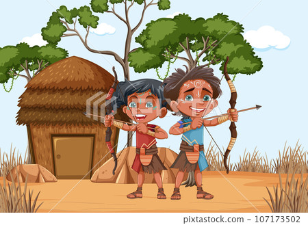 Indigenous people in front of their house Indigenous people in front of their house 107173502