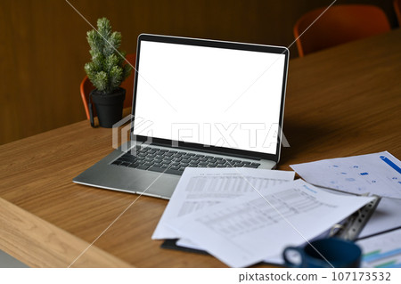 Laptop computer, financial document and potted plant on wooden table Laptop computer, financial document and potted plant on wooden table 107173532
