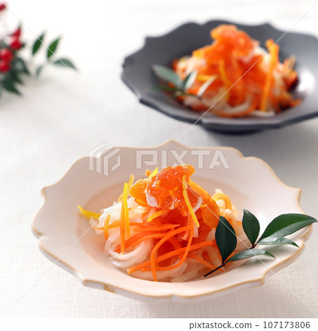 Kohaku Namasu with dried persimmons Kohaku Namasu with dried persimmons Dried persimmon Namasu Kohaku Namasu with dried persimmons Kohaku Namasu with dried persimmons Dried persimmon Namasu 107173806