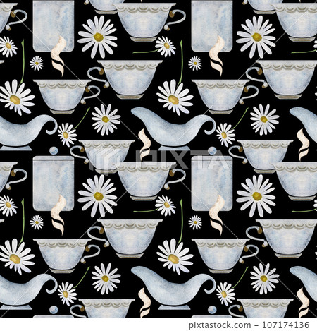 Hand drawn watercolor teaware, tea lemon, dishes crockery porcelain, hot beverage. Seamless pattern isolated on white background. For invitations, cafe, restaurant food menu, print, website, cards Hand drawn watercolor teaware, tea lemon, dishes crockery porcelain, hot beverage. Seamless pattern isolated on white background. For invitations, cafe, restaurant food menu, print, website, cards 107174136