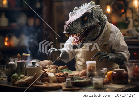 A humorous scene featuring a chef cooking up a storm in a kitchen full of dinosaur-themed ingredients and utensils. Generative AI A humorous scene featuring a chef cooking up a storm in a kitchen full of dinosaur-themed ingredients and utensils. Generative AI 107174284