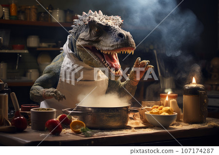 A humorous scene featuring a chef cooking up a storm in a kitchen full of dinosaur-themed ingredients and utensils. Generative AI 107174287