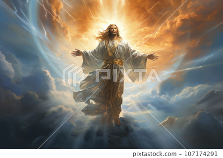 Jesus Christ enveloped in a swirl of luminous clouds, rising towards the heavens with arms gently extended, exuding a sense of serene elevation. Generative AI Jesus Christ enveloped in a swirl of luminous clouds, rising towards the heavens with arms gently extended, exuding a sense of serene elevation. Generative AI 107174291