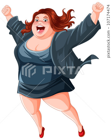 Happy overweight office worker woman with victory expression Happy overweight office worker woman with victory expression 107174474