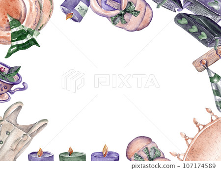 Rural household items. Cartoon square frame. Watercolor illustration for your design 107174589
