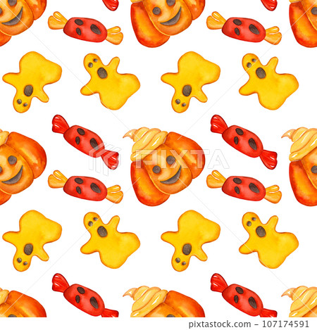 Jack-o-lantern, sweets and a ghost. Creepy watercolor illustrations in a seamless pattern for Halloween celebration Jack-o-lantern, sweets and a ghost. Creepy watercolor illustrations in a seamless pattern for Halloween celebration 107174591