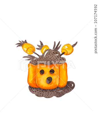 Pumpkin with filling and decorations in the form of wooden sticks with marshmallows. Isolated watercolor illustration for your Halloween design. Ideal for clipart, posters, seamless pattern elements Pumpkin with filling and decorations in the form of wooden sticks with marshmallows. Isolated watercolor illustration for your Halloween design. Ideal for clipart, posters, seamless pattern elements 107174592