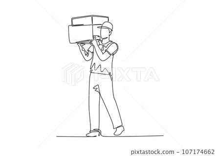 Continuous one line drawing young happy delivery courier man gives thumbs up gesture while lift up carton box packages. Delivery service business. Single line draw design vector graphic illustration Continuous one line drawing young happy delivery courier man gives thumbs up gesture while lift up carton box packages. Delivery service business. Single line draw design vector graphic illustration 107174662