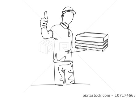 Continuous one line drawing of young happy pizza delivery man gives thumbs up gesture before deliver package to customer. Food delivery service business. Single line design vector graphic illustration Continuous one line drawing of young happy pizza delivery man gives thumbs up gesture before deliver package to customer. Food delivery service business. Single line design vector graphic illustration 107174663