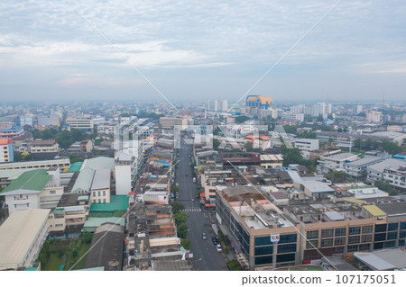 Aerial view of residential neighborhood roofs. Urban housing development from above. Top view. Real estate in Phuket, southern province city, Thailand. Property real estate. 107175051