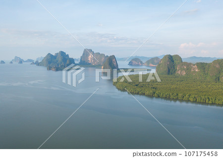 Aerial top view of a garden park with green mangrove forest trees, river, pond or lake. Nature landscape background, Thailand. 107175458