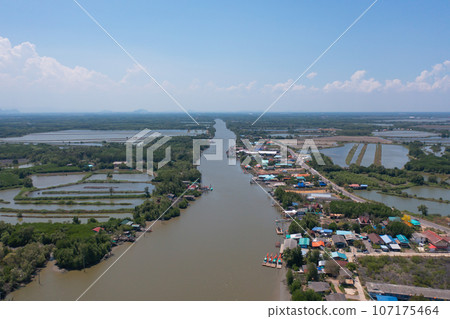 Aerial view of fishing trap net in canel with fisherman urban city village town houses, lake or river. Nature landscape fisheries and fishing tools at Pak Pha, Songkhla, Thailand. Aquaculture farming Aerial view of fishing trap net in canel with fisherman urban city village town houses, lake or river. Nature landscape fisheries and fishing tools at Pak Pha, Songkhla, Thailand. Aquaculture farming 107175464