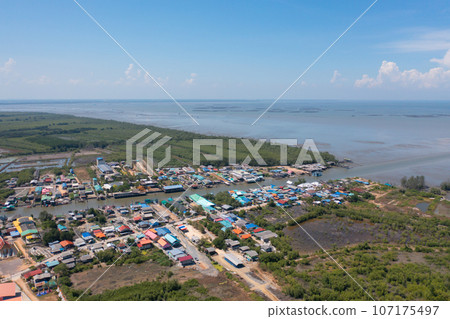 Aerial view of fishing trap net in canel with fisherman urban city village town houses, lake or river. Nature landscape fisheries and fishing tools at Pak Pha, Songkhla, Thailand. Aquaculture farming Aerial view of fishing trap net in canel with fisherman urban city village town houses, lake or river. Nature landscape fisheries and fishing tools at Pak Pha, Songkhla, Thailand. Aquaculture farming 107175497