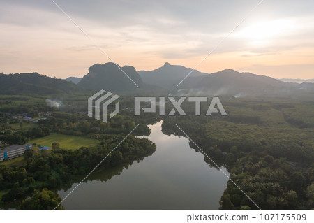 Aerial top view of a garden park with green mangrove forest trees, river, pond or lake. Nature landscape background, Thailand. Aerial top view of a garden park with green mangrove forest trees, river, pond or lake. Nature landscape background, Thailand. 107175509