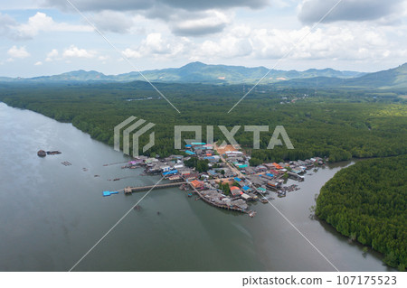 Aerial view of fishing trap net in canel with fisherman urban city village town houses, lake or river. Nature landscape fisheries and fishing tools at Pak Pha, Songkhla, Thailand. Aquaculture farming Aerial view of fishing trap net in canel with fisherman urban city village town houses, lake or river. Nature landscape fisheries and fishing tools at Pak Pha, Songkhla, Thailand. Aquaculture farming 107175523