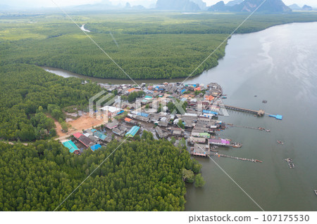 Aerial view of fishing trap net in canel with fisherman urban city village town houses, lake or river. Nature landscape fisheries and fishing tools at Pak Pha, Songkhla, Thailand. Aquaculture farming Aerial view of fishing trap net in canel with fisherman urban city village town houses, lake or river. Nature landscape fisheries and fishing tools at Pak Pha, Songkhla, Thailand. Aquaculture farming 107175530