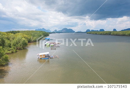 Aerial view of fishing trap net in canel with fisherman urban city village town houses, lake or river. Nature landscape fisheries and fishing tools at Pak Pha, Songkhla, Thailand. Aquaculture farming Aerial view of fishing trap net in canel with fisherman urban city village town houses, lake or river. Nature landscape fisheries and fishing tools at Pak Pha, Songkhla, Thailand. Aquaculture farming 107175543