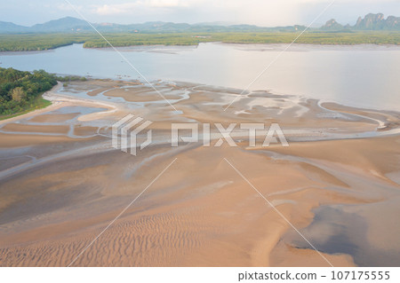 Aerial top view of a garden park with green mangrove forest trees, river, pond or lake. Nature landscape background, Thailand. Aerial top view of a garden park with green mangrove forest trees, river, pond or lake. Nature landscape background, Thailand. 107175555